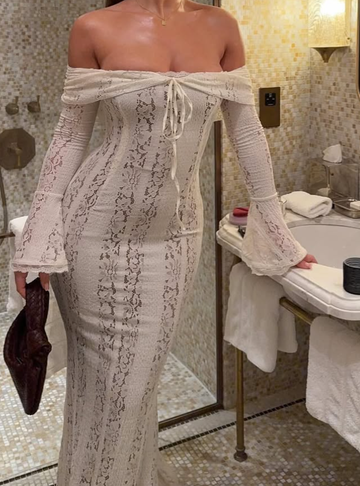 2025 New Sheath Long Sleeve White Lace Long Prom Dress Evening Dress HZ1023